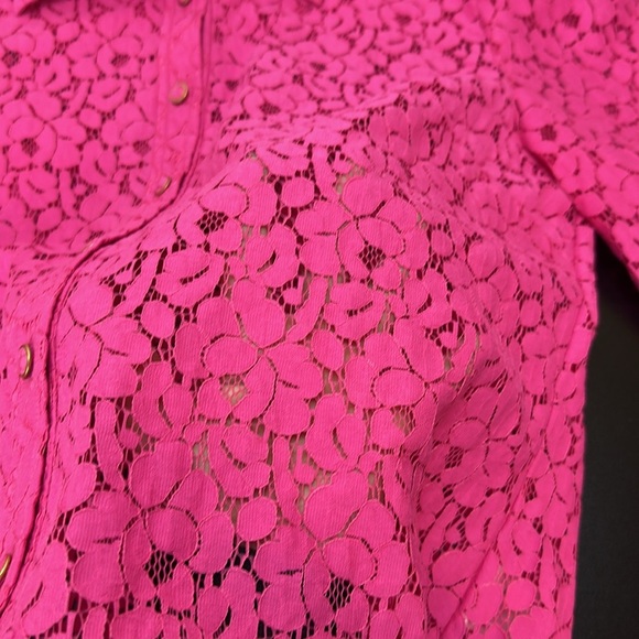 Milly Hot Pink All Over Lace Button Up Shirt Medium Puff Sleeve Semi Sheer - Picture 7 of 15